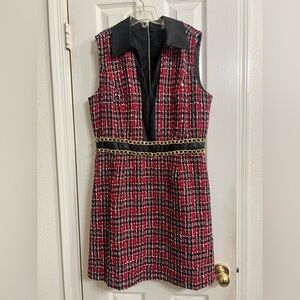 Brand New Venus collard Red and Black Tweed Dress with leather trim size 14